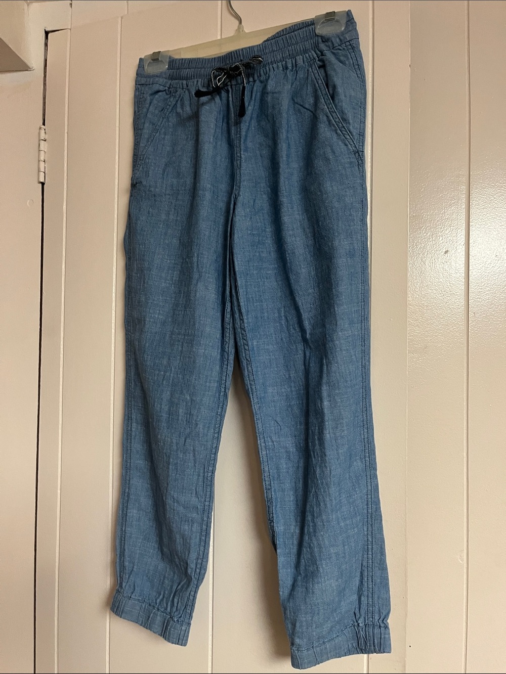 Casual Drawstring Chambray Jogger Pants - Blue